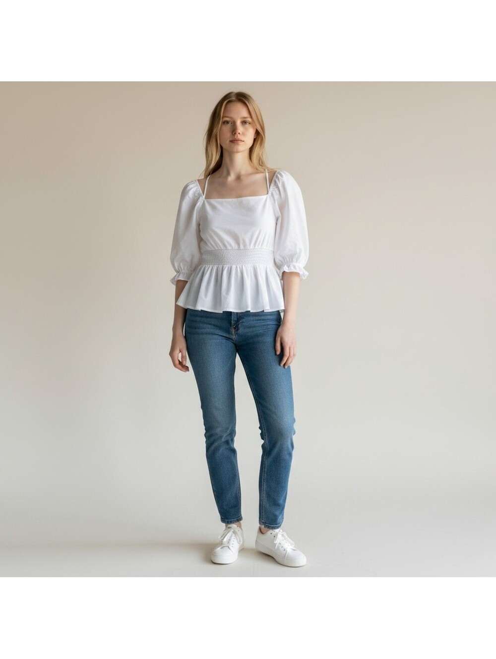 Sanctuary Blouse Women M Medium White Short Sleeve Square Neck Cotton Casual